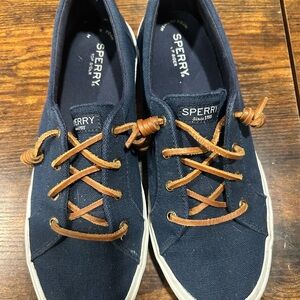 Sperry Navy Canvas Boat Shoes with Tan Leather Laces